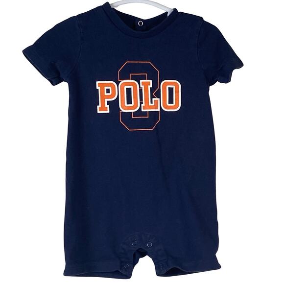 Ralph Lauren Baby Boys Size 9M 100 % Cotton Navy Orange Logo Short Sleeve Romper - Picture 1 of 3